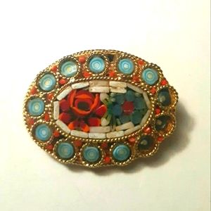 Antique Micro Mosaic Rose Pin Brooch C clasp